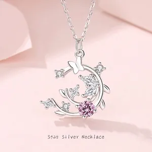 S925 Sterlingsilber Rosa Fee Schmetterling Mond Halskette Eleganter Zirkonia Anhänger Choker Für Damen Süßer Romantischer Schmuck