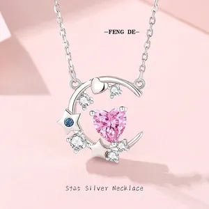 Elegant S925 Sterling Silver Pink Heart Zirconia Moon Star Pendant Necklace Romantic Jewelry For Women Valentine Gift