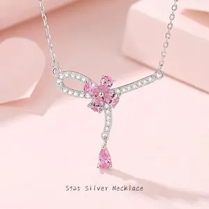 Romantica Collana con Pendente a Fiore in Argento Sterling S925 Zirconia Cubica Rosa Catena da Clavicola Floreale Gioielli Regalo Donna