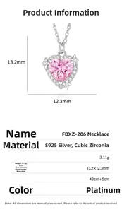 Parametri dimensionali e struttura della collana con cuore rosa in argento S925