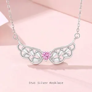 Angel Wings Heart Pendant Necklace In 925 Sterling Silver With Pink And White Zirconia Sweet Romantic Gift For Women Jewelry