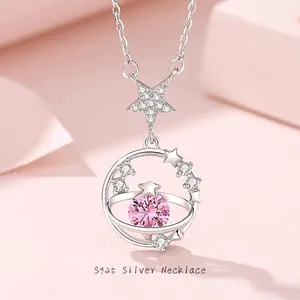 Collier en Argent Sterling 925 Avec Pendentif Cœur Planète Étoile Lune Zircone Rose Bijoux Élégants Pour Femme Cadeau