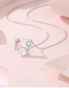 Detail of S925 sterling silver butterfly wreath necklace with pink and clear zircon stones