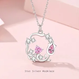 925 Sterling Silber Blumenkranz Halskette Rosa Herz Zirkonia Tulpe Rose Anhänger Schmuck Halsketten Für Damen Geschenk