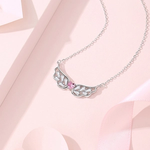 925 silver angel wing necklace with pink heart gemstone and sparkling clear zircons