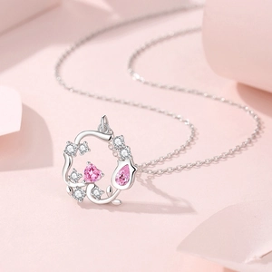 Halskette mit rosa Herz-Kristall und Blumenkranz aus 925er Sterlingsilber