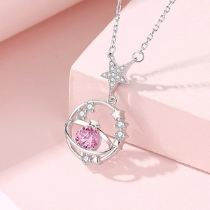 Collier planète en argent sterling S925 avec zircon rose et pendentif étoile pour femme