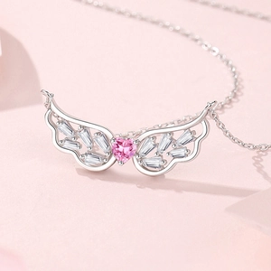 925 Sterling silver angel wing necklace with heart pink gemstone and pavé zirconia