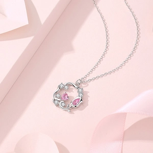 Halskette mit rosa Herz Kristall Blumenkranz Anhänger aus 925 Silber für Damen