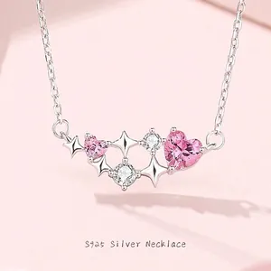 Collier Cœur Rose en Argent Sterling 925 Pendentif Étoile Planète de Luxe Choker Zircone Cubique Bijoux Romantiques Femme