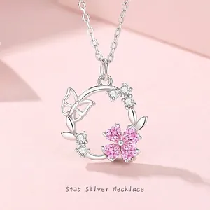 Collier Pendentif Papillon Fleur en Argent Sterling S925 pour Femmes Zircone Cubique Rose Style Doux Frais Bijoux
