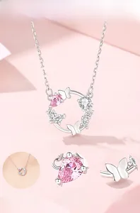 Detail view of S925 silver butterfly wreath necklace with pink pear-cut cubic zirconia