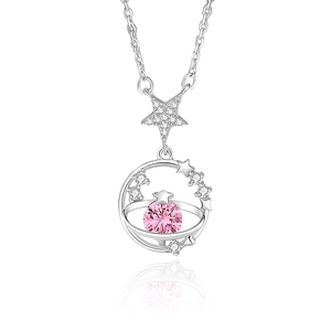 Élégant collier en argent S925 avec pendentif étoile et planète rose serti de zircons
