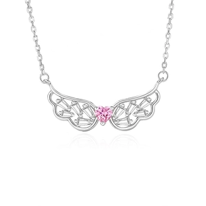 925 silver angel wings necklace featuring pink heart stone and crystal inlay