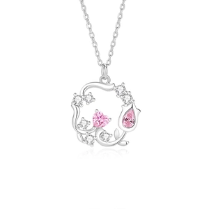 Exquisite Halskette mit Blumenkranz aus Sterlingsilber, rosa Herzsteinen und weißen Zirkonia