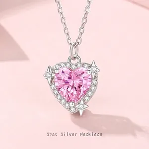 Collana con Ciondolo a Cuore in Argento Sterling 925 Zirconia Rosa Accento a Stella Gioielli Romantici per Donna Regalo