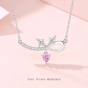S925 Sterlingsilber Schleife Rosa Herz Anhänger Halskette Für Damen Süße Minimalistische Zirkonia Choker Schmuck Geschenk