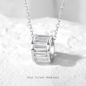 Minimalist 925 Sterling Silver Necklace Cylinder Pendant Baguette Cubic Zirconia For Women Daily Jewelry Accessory