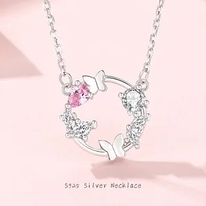 925 Sterling Silver Butterfly Wreath Necklace For Women Pink Rhinestone Pendant Chain Elegant Sweet Jewelry Birthday Gift