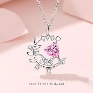 925 Argento Sterling Cuore Luna Ciondolo Collana Rosa Zirconia Foglia Farfalla Catena Girocollo Gioielli per Donna Regalo Romantico