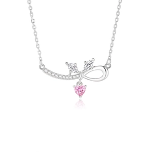 S925 Silberhalskette mit rosa Herzanhänger und Unendlichkeitsbogen aus Zirkonia