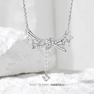 Collier Gland Nœud Papillon en Argent Sterling 925 Élégant Pendentif Incrusté de Zirconia Chaîne pour Femme Bijoux Cadeau Romantique