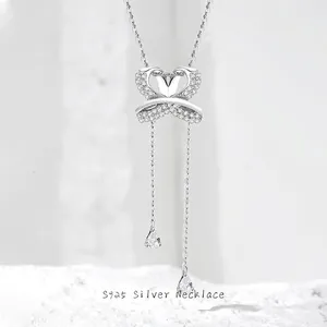 Collier Pendentif Forme Coeur Noeud Papillon Gland en Argent Sterling 925 Luxe Zirconia Incrusté Bijoux de Mode pour Femmes