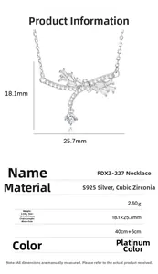 Size chart showing S925 silver bow pendant necklace dimensions and material details
