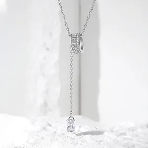 S925 Sterling Silver Cylinder Tassel Y-Shape Necklace Geometric Zirconia Pendant Clavicle Chain Minimalist Jewelry Gift