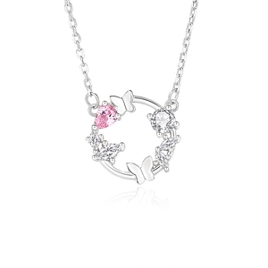 S925 sterling silver wreath butterfly necklace featuring pink and white gemstones
