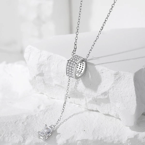 S925 sterling silver Y-shaped necklace with paved slider and emerald cut zircon pendant