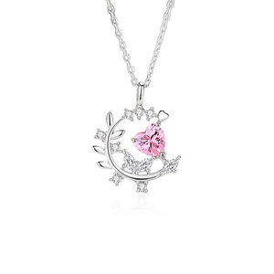 Collana luna e cuore in argento S925 con zircone rosa e dettagli di foglie raffinate