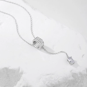 S925 sterling silver geometric pendant necklace with tassels and sparkling zircon stones