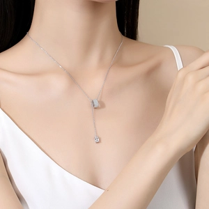 S925 sterling silver square tassel Y-necklace with sparkling cubic zirconia stones