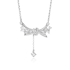 Élégant collier nœud en argent sterling S925 avec pompon en zircon et pierres baguette