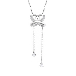 Collier cœur papillon en argent sterling S925 avec pompon et pierres de zircone cubique