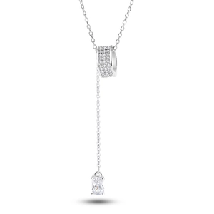 S925 sterling silver Y-shaped necklace featuring a paved cylinder and rectangular zircon drop
