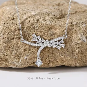 S925 Sterling Silver Bowknot Tassel Pendant Necklace For Women Elegant Minimalist Zirconia Inlaid Clavicle Chain Jewelry