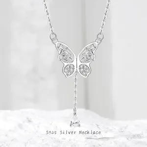Collier Gland Papillon Nœud en Argent Sterling S925 Bijoux Chaîne en Y en Strass Minimaliste pour Femme Cadeau