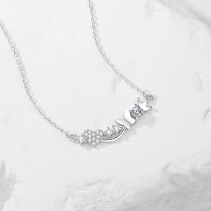 Elegant S925 sterling silver necklace with heart, crown, and butterfly zircon pendant