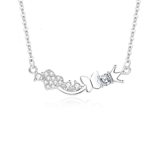 S925 sterling silver heart butterfly crown necklace with zircon pendants on white background