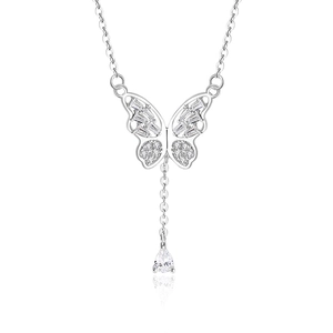 Collier papillon en argent S925 avec pompon, zircons et cristal en forme de poire