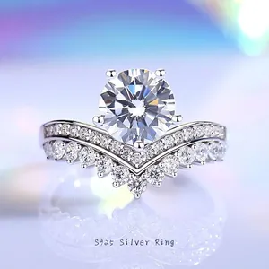 925 Sterling Silver Moissanite Crown Ring Luxury Zirconia Inlaid Wedding Ring V-Shaped Band Set Valentine Gift For Women