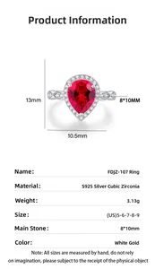 Détails de la bague en argent S925 avec pierre rouge poire et taille de gemme 8x10mm