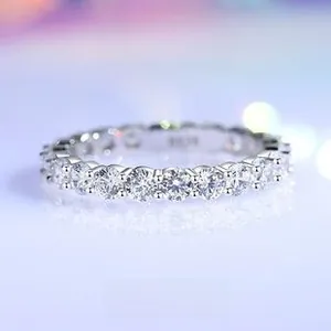 Macro detail of S925 sterling silver eternity ring with sparkling zircon pavé setting