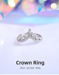 Detailed macro view of S925 sterling silver V-shape crown ring with sparkling zircons