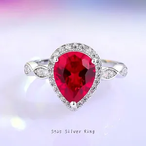 Bague Halo en Argent Sterling 925 Forme Poire Zirconia Rouge Rubis Bleu Saphir pour Femme Bijoux Élégants de Mariage de Banquet