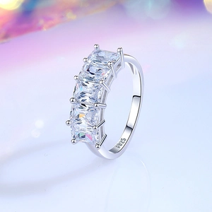 Elegant S925 sterling silver ring with five rectangle-cut zircon stones in a classic setting