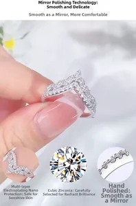 Detail of V-shaped S925 silver ring with cubic zirconia and mirror polish finish