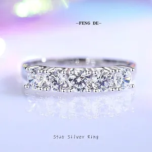 925 Sterling Silver Ring for Women with 5 Moissanite Zirconia Stones Half Eternity Row Band Fashion Jewelry Gift